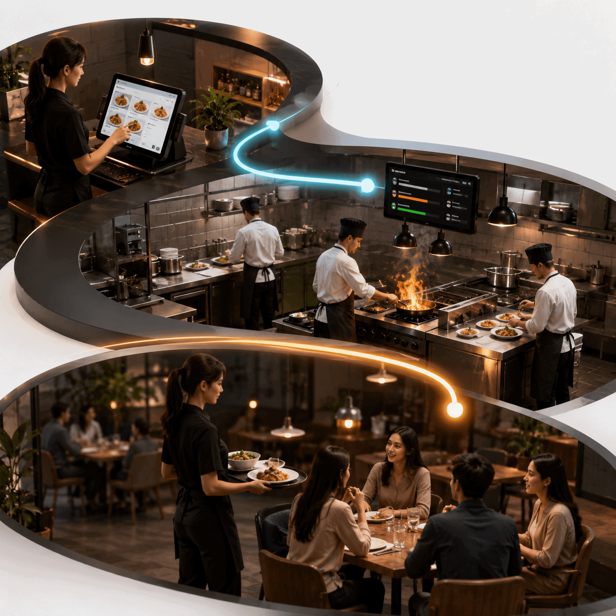 Order, kitchen and floor on one connected flow